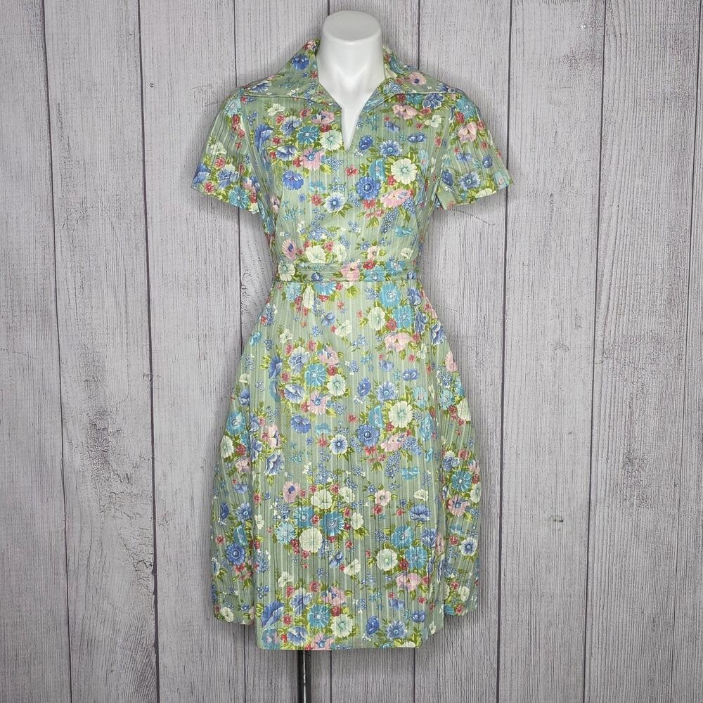 Vintage Handmade Floral Striped Dress Green Blue Pink Belted Cottagecore S/M